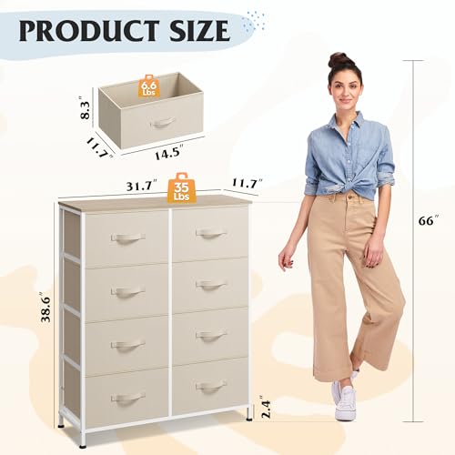 WLIVE Fabric Dresser for Bedroom, Tall Dresser with 8 Drawers, Storage Tower with Fabric Bins, Double Dresser, Chest of Drawers for Closet, Playroom, Dormitory, Cream White - color: Cream White, style: General