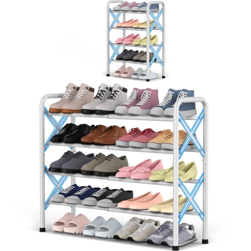 YEASHEIN 4-Tier Expandable Shoe Rack for Closet Floor, X-Frame Metal Small Shoe Rack for Entryway, Adjustable Shoe Shelf Organizer, Free Standing Shoe Racks for Front Door Entrance, Garage - White - color: White, size: 4 Tier