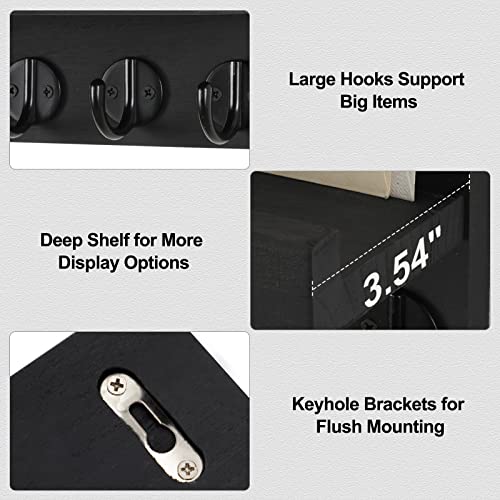 Lwenki Key Holder for Wall, Decorative Key and Mail Holder with Shelf Has Large Hooks for Bags, Coats, Umbrella – Paulownia Wood Key Hanger with Mounting Hardware (9.8”W x 6.7”H x 4.2”D) - color: Black