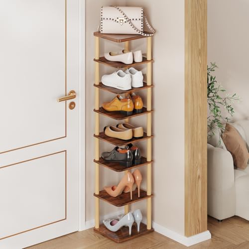 LUCKNOCK Vertical Shoe Rack, 8-Tier Tall Narrow Shoe Organizer for Entryway, Closet, Dorm & Small Spaces, Freestanding Wooden Shoe Shelf Tower for Boots, Sneakers, Heels. (Rustic Brown) - color: Rustic Brown