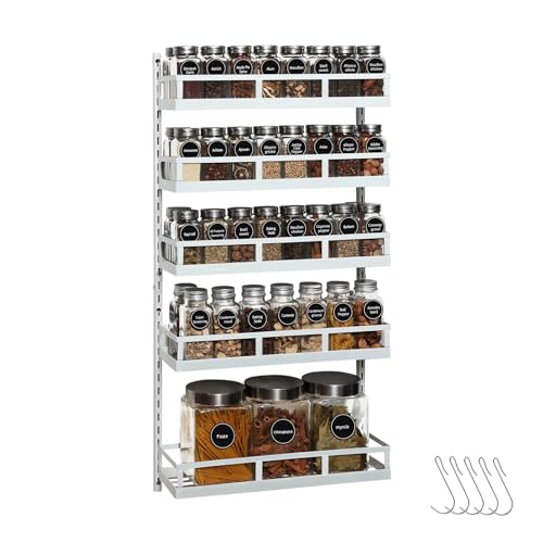 X-cosrack Wall Mount Spice Rack Organizer 5 Tier Height-Adjustable Hanging Spice Shelf Storage for Kitchen Pantry Cabinet Door, Dual-Use Seasoning Holder Rack with Hooks, White - color: White, size: 5x 4.6"D