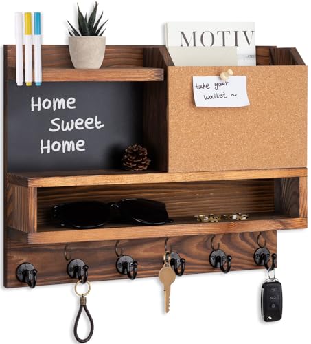 Key Holder for Wall Mount with Mail Organizer, Farmhouse Key Holder for Wall with Shelf, Chalkboard&Corkboard, Entryway Organizer 11 Metal Hooks, Decorative Natural Pine Wood, 14.6*11.1*3.3”, B-Brown - color: Brown-b