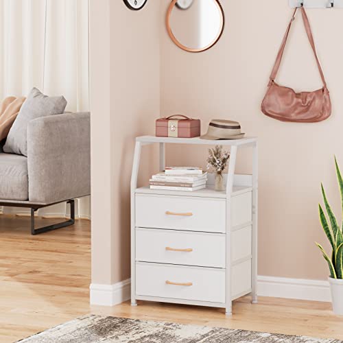 Furnulem White Nightstand with 3 Drawers and 2-Tier Shelf, Small Night Stand End Table Side Furniture, Fabric Storage Organizer for Bedroom, Closet, Hallway, Nursery, Sturdy Steel Frame, Wood Top - color: White, style: 3 Drawers