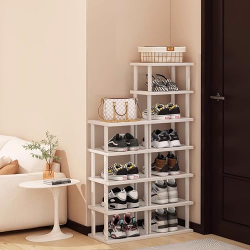 SAN HE Bamboo Shoe Rack 17 Tier- Vertical Shoe Rack for Small Spaces, Tall Narrow Shoe Rack Organizer for Closet Entryway Corner Garage and Bedroom,Skinny Shoe Shelf with Free Stackable DIY - color: White, size: 17-tier