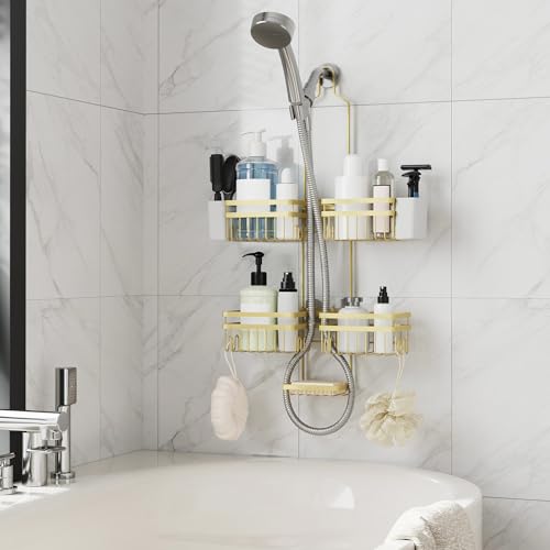 Shower Caddy Hanging for Bathroom Organizers and Storage - 3-Tier Adjustable Anti-Swing Shower Organizer Hanging with Heavy-Duty Suction Cups, Damage-Free Rustproof (Gold) - color: GOLD, size: width
