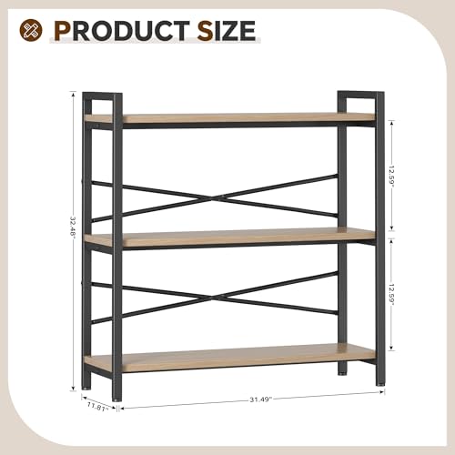 Book Shelf, 3 Tier Bookshelf 31.49" Width, Book Shelf Storage and Organization, Wooden and Metal Industrial Bookcase, Large Book Shelves for Home Living Room Bedroom Office Storage(Light Coffee) - color: Light Coffee, size: 3 Tier - 31.5" W