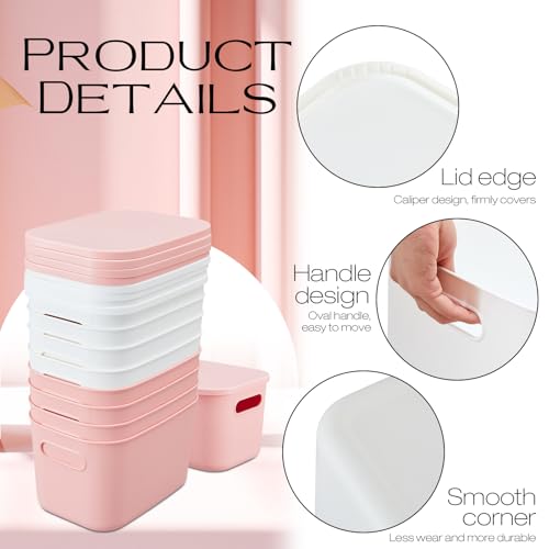 Hoolerry 8 Pieces Colorful Storage Bins with Lid, Plastic Storage Basket Organizing Container Stackable Box with Handle for Shelves Desktop Playroom Office(9.8 x 7.1 x 6.3 Inch,White and Pink) - color: White and Pink, size: 9.8 x 7.1 x 6.3 Inch