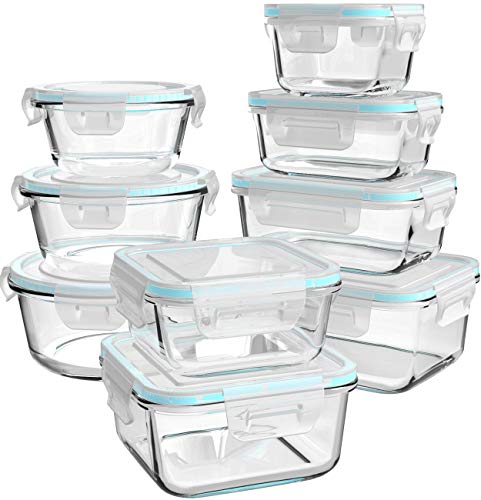 AILTEC Glass Food Storage Containers with Lids, [18 Piece] Glass Meal Prep Containers, Containers for Food Storage with Lids, BPA Free & Leak Proof (9 Lid & 9 Container) - color: clear