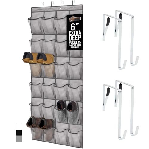 GORILLA GRIP Over the Door Shoe Organizer, 24 Extra Large Breathable Mesh Pockets, Space Saving Hanging Storage Holder, 4 Hook Closet Rack Hanger, Hangs on Closets for Shoes and Accessories, Grey - color: Grey, size: 24 Extra Large Pockets/4 Hooks