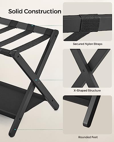 SONGMICS Luggage Rack, Folding Suitcase Stand with Storage Shelf, for Guest Room, Hotel, Bedroom, Heavy-Duty, Holds up to 131 lb, Classic Black URLR007B01 - color: Classic Black, size: 1 Pack