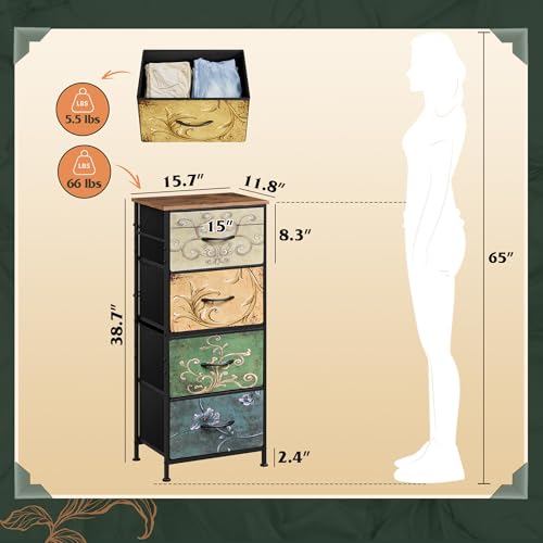 WLIVE Dresser with 4 Drawers, Storage Tower, Organizer Unit, Fabric Dresser for Bedroom, Hallway, Entryway, Closets, Vintage Furniture with Sturdy Steel Frame, Wood Top, Pull Handle, Floral Painted - color: Floral Painted