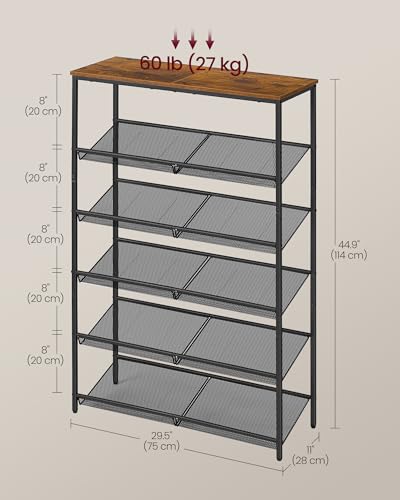 VASAGLE Shoe Rack for Entryway, 6-Tier Shoe Rack Organizer with Storage Shelves and Spacious Top, Freestanding, Adjustable, Industrial, Rustic Brown and Ink Black ULBS044KD01 - color: Rustic Brown + Ink Black, size: 6 Tiers (29.5"W)