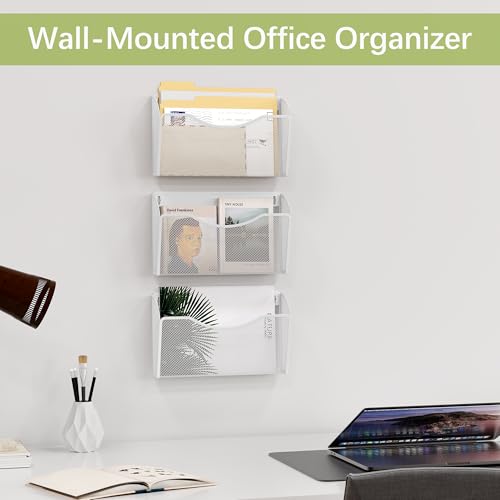 EasyPAG 3 Pack Wall File Organizer, Metal Mesh Hanging File Folder Holder for Letter/A4 Size Folders, Vertical Wall Mount Mail Sorter for Office Paperwork, Classroom, White - color: White
