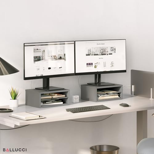 Ballucci File Organizer, 2-Tier Document Paper Sorter, Stackable Wood Desk Organizer Mail Holder, Monitor Stand with Storage Shelves, Gray - color: Gray, size: 2 Tier