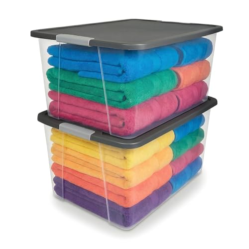 HOMZ 2-Pack Secure Latch, Clear Plastic Storage Organizer Bins, 64 Quart, Gray Lid - Heavy-Duty Container Boxes with Lids for Home, Office, and Garage - color: Gray Lid, size: 64 QT