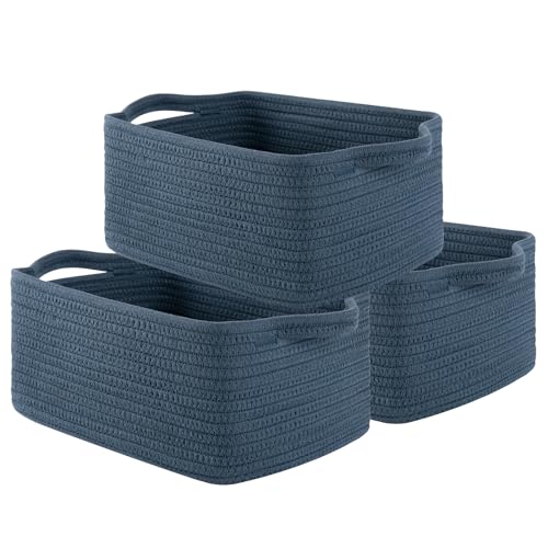 OIAHOMY Cotton Rope Woven Baskets for Storage, Nursery Rectangle Storage Basket with Handles for Shelves, Pack of 3, Blue - color: Blue