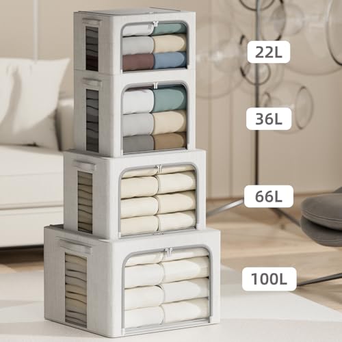 4 Pack Clothes Storage Bins with Metal Frame - 100L Stackable Storage Box with Lid，Foldable Storage Container Organizer for Clothes，Linen Fabric Storage Box with Clear Window＆Zippers＆Handles - color: Light Grey, size: 100L
