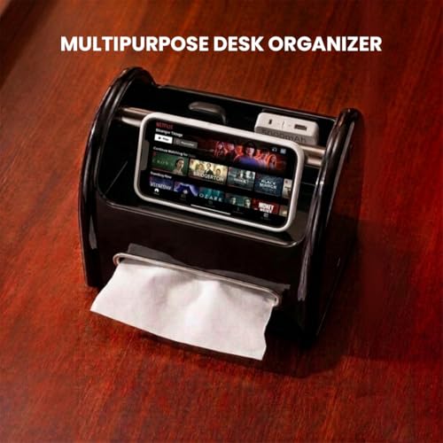 Tissue Box Cover Rectangular with Storage Tray, Multifunctional Facial Tissue Holder and Desk Organizer Napkin Holder - Phone Holder for Car Bathroom Office Living Room Bedroom - Black - color: Black