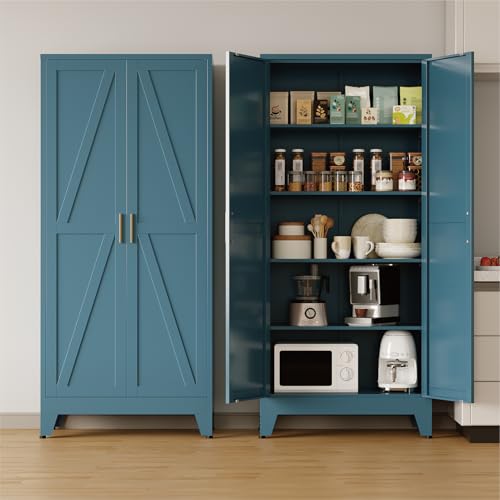 COFaR 71'' Tall Metal Storage Cabinet, Farmhouse Kitchen Pantry Cabinet with Doors and 4 Adjustable Shelves, Metal Pantry Storage Cabinets for Kitchen, Laundry, Peacock Blue 5-Tier - color: Peacock Blue, size: 71 Tall 2 Doors-Tree Door