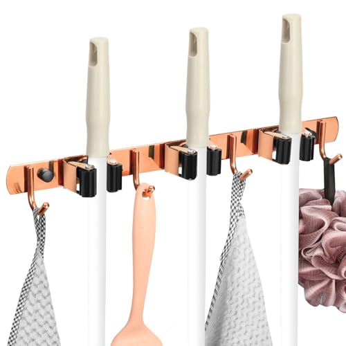 3 Racks and 4 Heavy Duty Hooks Mop and Broom Holder Wall Mount, Stainless Steel Broom Organizer Storage Utility Tool Racks for Home, Kitchen, Garage, Laundry Room. Rose Gold - color: Rose Gold