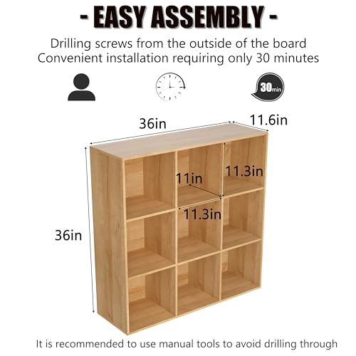 Wooden 9 Cube Storage Organizer with Closed Back Panel,White Cube Shelf Cubby Storage Organizer with Compartments for Living,Bookshelf, Easy to Install (Oak, 9 Cube-11in) - color: Oak, size: 9 Cube-11in