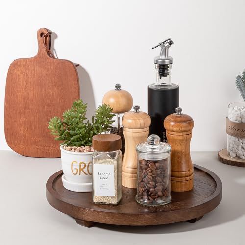 Round Decorative Tray Wood Bathroom Counter Organizer Farmhouse Kitchen Decor Wooden Riser for Soap Dish, Perfume, Candle, Sponge, 12" - Walnut - color: Walnut, size: 12"