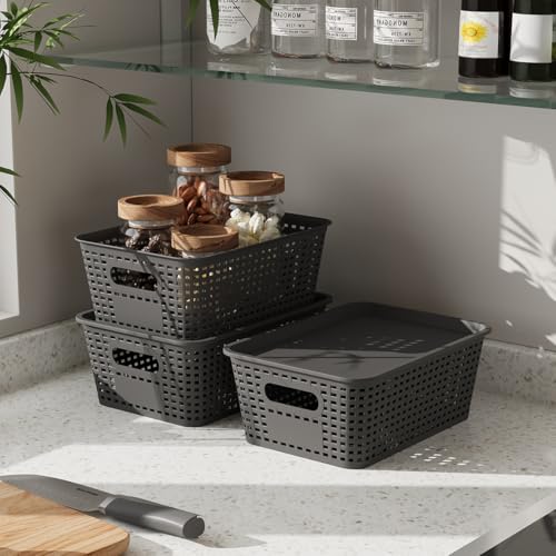 Resze 6-Pack Plastic Storage Bins with Lids, Stackable Organizer Baskets & Containers for Pantry, Kitchen, Cabinet, Closet, Bathroom Organization Toys, Space Saving, Easy-Carry Handles,Gray - color: Gray