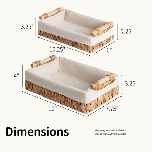 Set of 2 Water Hyacinth Bathroom Basket Organizers with Liner, Wicker Storage Baskets for Shelves, Bathroom Counter & Vanity, Wooden Handles for Towels & Toiletries - color: Water Hyacinth