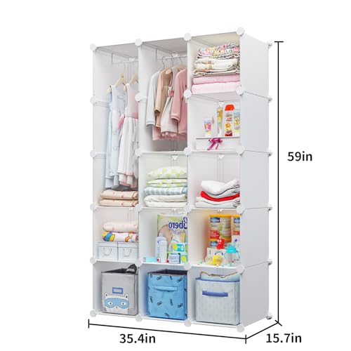 Modular Baby Wardrobe Closet, Portable Children Organizers and Storage for Nursery,15 Cubes with Hanging Rods,Multi-Functional Kids Storage Shelf-Bedroom Clothes Armoire (Boys & Girls)