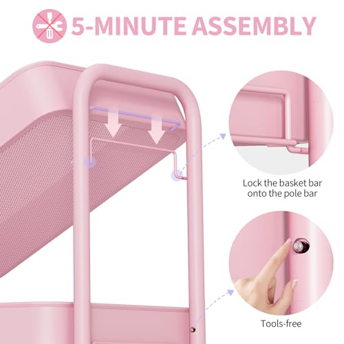 TOOLF 4-Tier Rolling Cart - Metal Storage Organizer with Lockable Wheels, 44 lbs Per Shelf Capacity, Tool-Free Assembly, for Kitchen Bathroom Office Laundry Room Nursery, Pink - color: Pink, size: 4-Tier