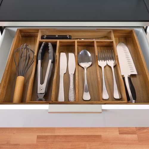 Expandable Acacia Kitchen Drawer Organizer for Cutlery and Utensils, Adjustable Acacia Wood Cutlery Tray in Drawer for Flatware and Silverware in Kitchen - color: Acacia, size: 7 Slots Expandable