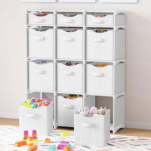 Cube Storage Organizer with Storage Bins Included - The Perfect Closet Organizers and Storage Solution. Includes 12 Storage Cubes, Great For Toy Storage, Closet Storage, Clothes Storage (White-Grey) - color: White-Grey, size: 12 Storage Cubes