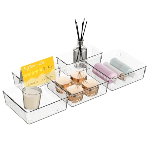 5 PCS Clear Plastic Drawer Organizer Set, 2 Sizes Acrylic Drawer Storage Trays Non Slip Storage Bins for Makeup, Jewelry, Gadgets for Kitchen, Bedroom, Bathroom, Office - style: 5pcs