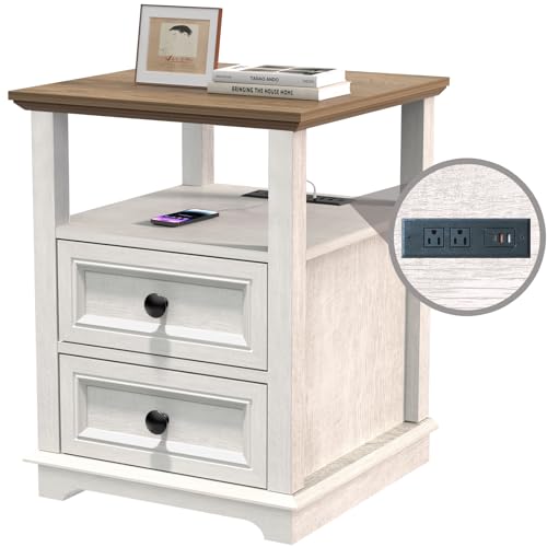 REDAYFUR End Table with Fast USB C Charging Station, 18" Wide Tall Sofa Side Table with 2 Drawers, Large Storage Rustic Wood Square Storage Cabinet for Living Room,Bedroom,Office, White - color: Rustic White, size: 1 Piece