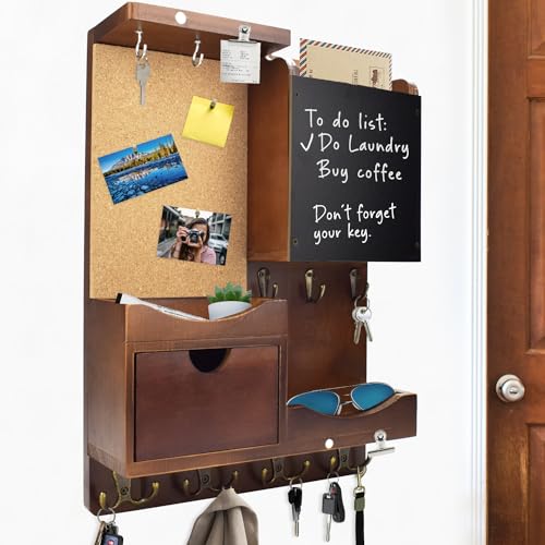 Key Holder Wall Mount， Mail Organizer Key Holder for Wall with Shelf, Drawer, Chalkboard, Corkboard, Home Decor Wall Mounted for Room Entryway(Vintage Brown) - color: Vintage Brown, size: Vertical