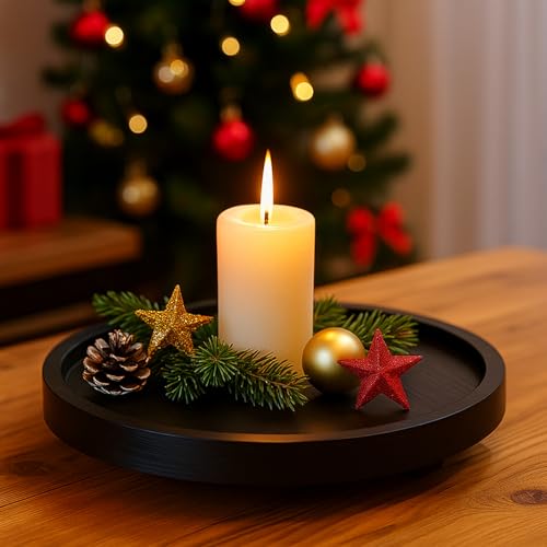 Large Decorative Wooden Tray for Kitchen Counter Bathroom Sink Vanity Trays Round Wood Riser Candle Pedestal Stand for Perfume Soap Tray Round Dining Coffee Table Modern Farmhouse Decor Tray - color: Black, size: 12 Inch