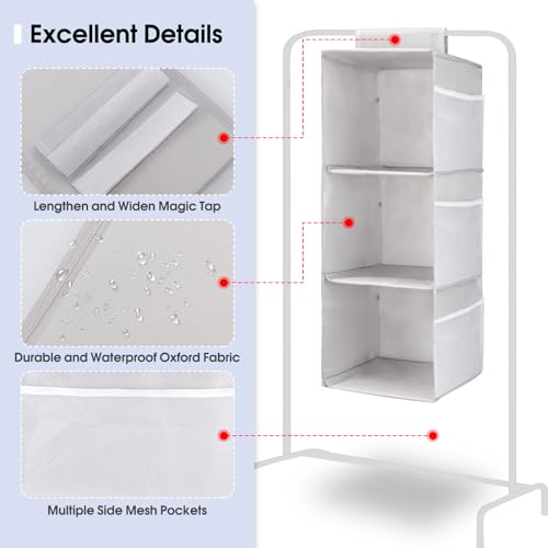 PetsHome 3-Shelf Hanging Closet Organizer, Space Saver, Closet Hanging Storage Shelves with Mesh Pockets & Magic Tap for Storage, Foldable-Grey - color: Grey, size: 3 Shelf