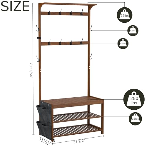 AMBIRD Hall Tree with bench and shoe storage, Entryway Bench with shoe storage, 6-in-1 Coat Rack with Cloth Bag and 12 Coat Hooks, Sturdy Bamboo Frame, Brown 31 * 15 * 70 Inches - style: Classic, 31.5'' L