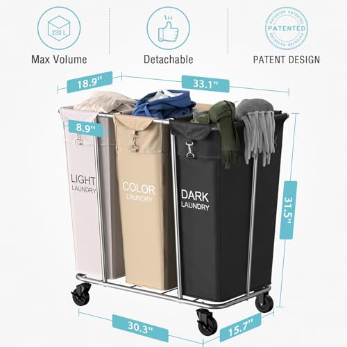 PLKOW Laundry Sorter 3 Section, 220L Large Laundry Cart with Wheels 3 Hamper Laundry Sorter with Steel Frame and Removable Bag, Rolling Laundry Cart for Home, Laundry Room, Hotel, 6 Bushel - color: White+Khaki+Black-220L