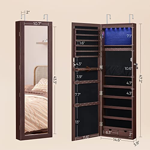 SONGMICS 6 LEDs Mirror Jewelry Cabinet, 47.2-Inch Tall Lockable Wall or Door Mounted Jewelry Armoire Organizer with Mirror, 2 Drawers, 3.9 x 14.6 x 47.2 Inches, Brown UJJC93K - color: Brown