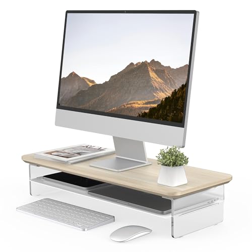 Fenge Acrylic Monitor Stand Riser, 23.6 Inches Monitor Stand with Metal Storage, 2 Tier Acrylic Computer Riser for Desk, Clear Laptop Stand for PC, Laptop, Printer, TV - color: Oak, size: 23.6in