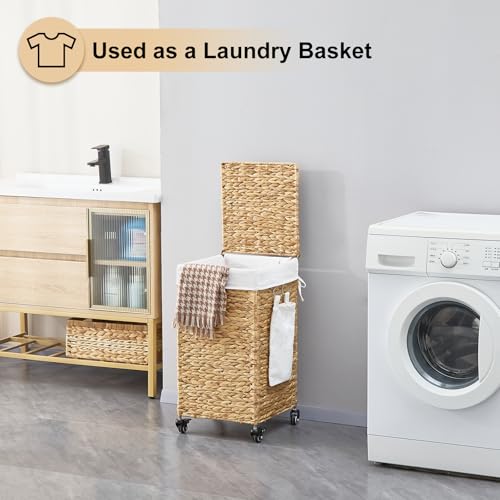 Handwoven Hamper with Lid, Laundry Basket with Wheels, Machine Washable Liner, Clothes Hamper for Bathroom Laundry Room Bedroom(Natural, 78L) - color: Natural/With Lid/78L