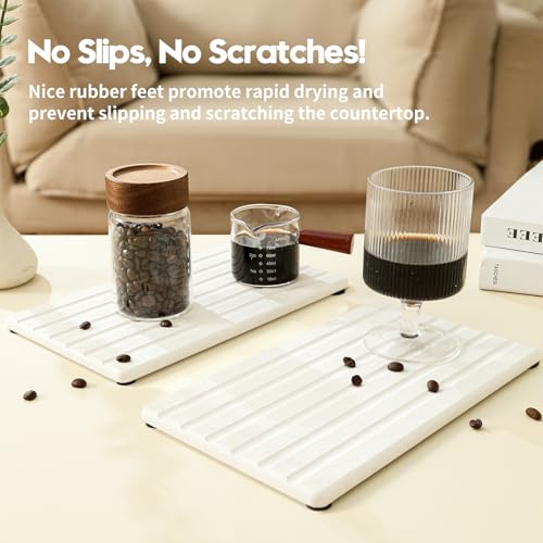 Razborci 2PCS Water Absorbing Stone Drying Tray Mat for Bathroom Sink & Kitchen Counter Organizer, Quick Dry Dish Soap Dispenser Sponge Holder, Vanity Sink Caddy, Drink Bar Coaster, White - 10"*6" - color: 2pack-10"x 6" - White