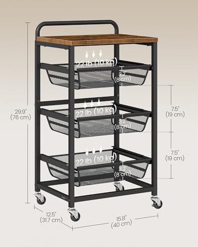 VASAGLE Storage Rolling Cart with Pull-Out Baskets, 4-Tier Utility Cart Orgnizer with Wheels for Laundry Room, Kitchen, Handle, 12.5 x 15.8 x 29.9 Inches, Rustic Brown and Ink Black ULRC040K01 - color: Rustic Brown + Ink Black, size: 4 Tiers