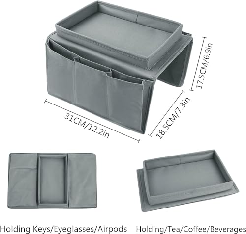 Sofa Armrest Organizer,TV Remote Holder Sofa Organizer with Top Tray for Couch Recliner Home Accessories Bedside Storage Pockets Bag (Grey)