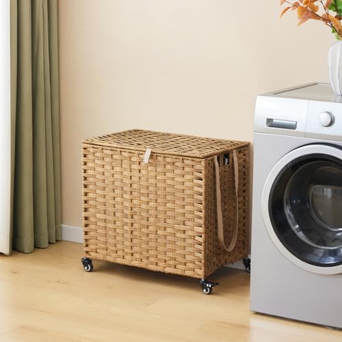 Laundry Hamper with Wheels, 34.3 Gallon(130L) Rolling Laundry Basket with Lid, 3-Section Rattan Clothes Hamper with 3 Removable Liner & 3 Mesh Bags, Laundry Sorter with Side Pocket, Natural - color: Natural, size: 130L（23.62 x 15.75 x 21.65 Inches）