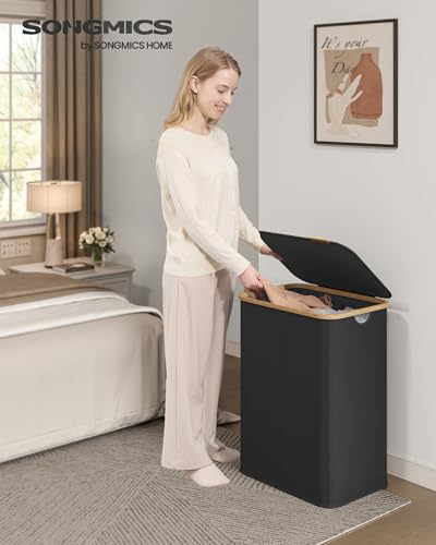 SONGMICS Laundry Hamper, Laundry Basket with Lid, Foldable Storage Basket, Bamboo Frame, for Bedroom, Living Room, Oxford Fabric, 37 Gal. (140 L), Ink Black ULCB519BH01 - color: Ink Black, size: 140 L (2-Section)