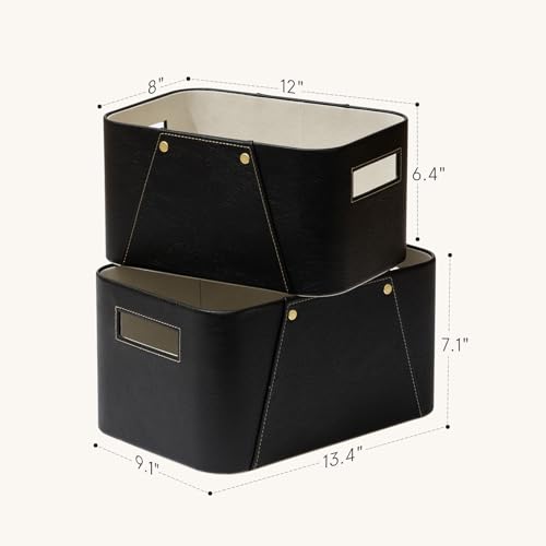 La Jolie Maison Storage Baskets for Organizing, 2 Pack, Luxury Vegan Leather Storage Cube Boxes for Closet Shelf Cabinet Bookcase, Carbon Black - color: Carbon Black