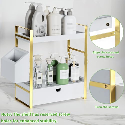 2-Tier Bathroom Counter Organizer with Drawer and Basket, Wood Countertop Organizer for Storage, Skincare Organizers for Vanity, Counter Shelf for Bathroom Organization(White-gold) - color: White-gold