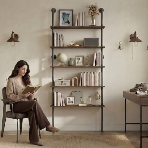 Merapi Rustic Industrial Bookshelf, 78.6" Tall 5-Tier Storage Shelf with Solid Wood & Metal Frame, 9.8" D x 35.4" W for Living Room, Office, Bedroom Farmhouse Display - style: 5-tier Vintage Industrial